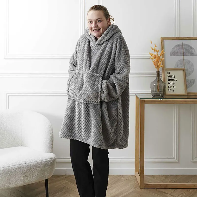 Plaid Sweat à capuche effet Nid d'Abeille int. Sherpa Gris foncé - 118x85cm-1