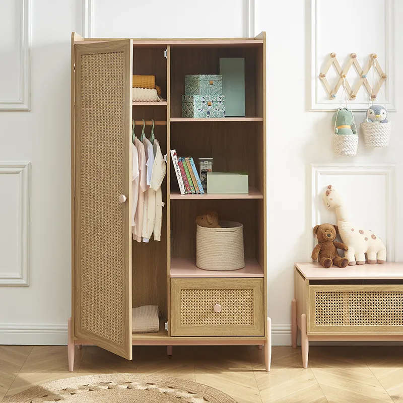 Armoire Pablo rose & cannage rotin 1 porte - 100x47x170cm-4