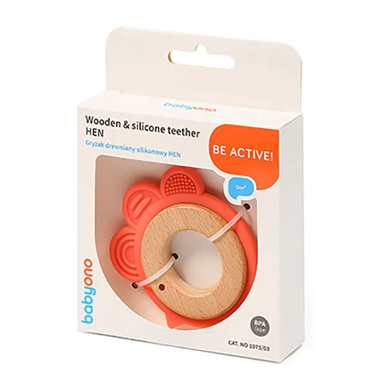 Anneau de dentition Bois/Silicone Poule Abricot - 0m+-1