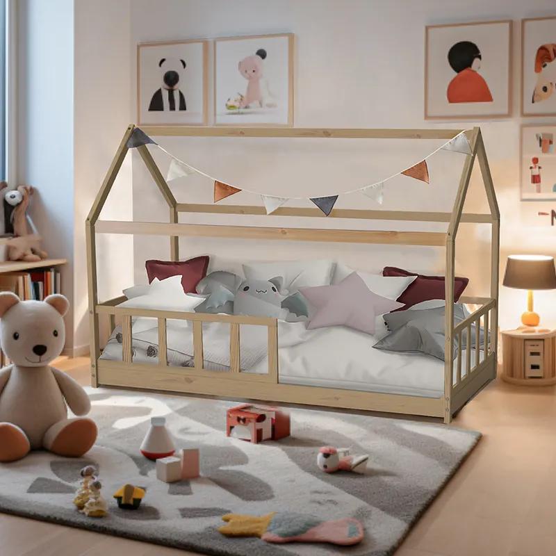 Lit cabane Kiwi avec barrière + Sommier Naturel-0