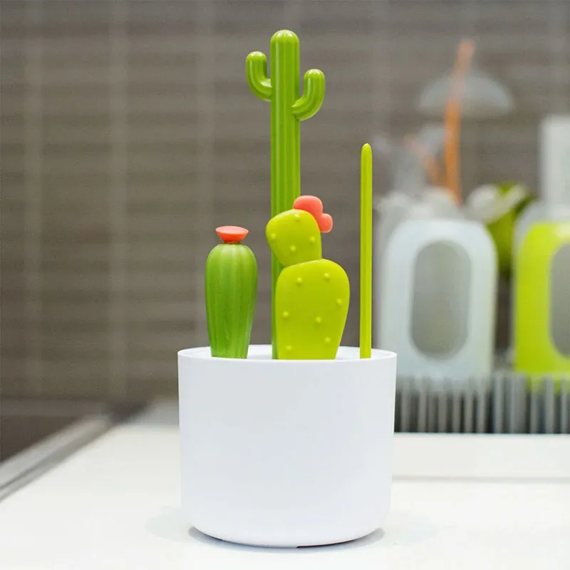 Set 4 brosses à biberon Cactus + Présentoir - Blanc/Vert-1