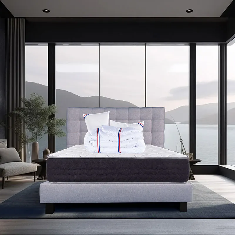 Matelas Sérénité 27cm très ferme ress. ensachés + Sommier Gris 20cm + 2 Oreillers + Couette + Tête de lit-0