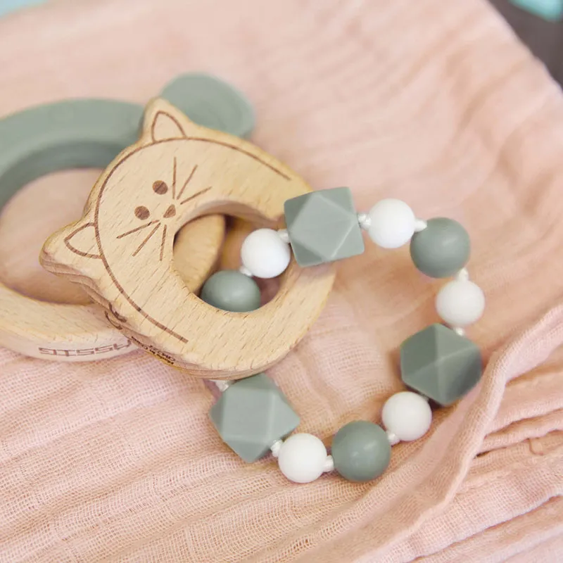 Bracelet de dentition Bois/Silicone Little Chums Chat - 0m+-5