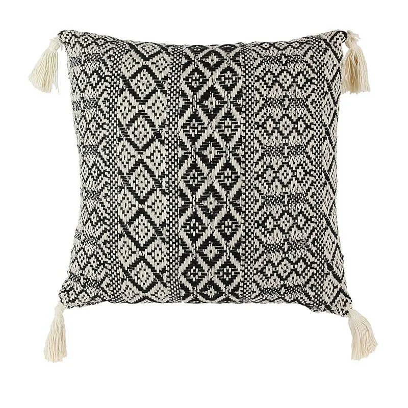 Coussin Ethnique Pompons Beige/Noir - 40x40cm-1