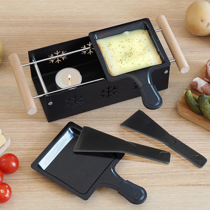 Raclette duo à la bougie Bois/Inox Noir - 32x11x6.2cm-0