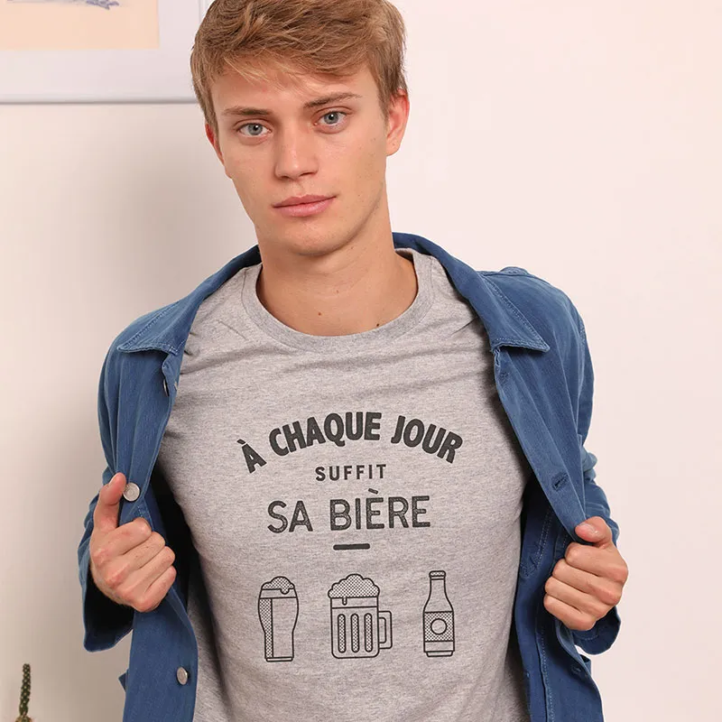 T-shirt Homme BIO À chaque jour suffit sa biere - Gris chiné-0