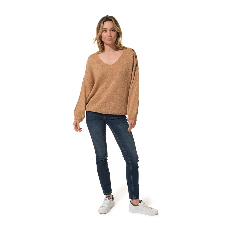 Pull Figue Oversize Col V fil Lurex Femme - Camel-1