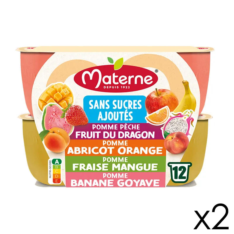 24 Compotes Coupelles Inédits P.Pêche F. du dragon,P.Abricot Orange, P.Poire kiwi jaune, P.Banane Goyave - 24x100g-0