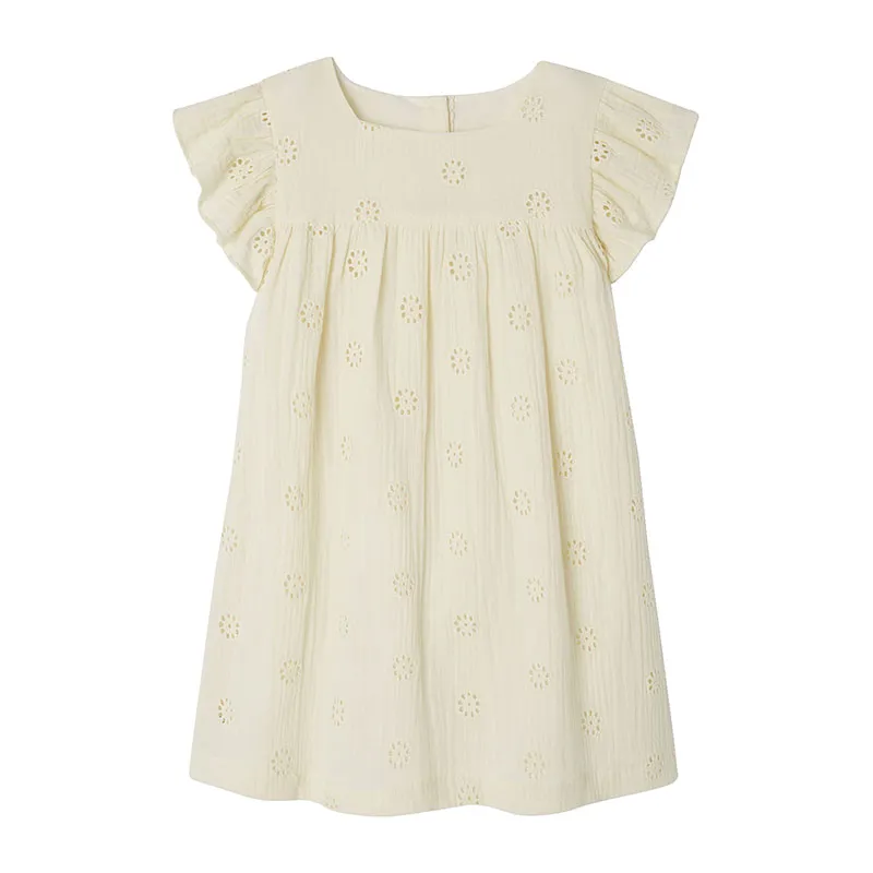 Robe cérémonie brodée fleurs en gaze de coton fille - Vanille-0