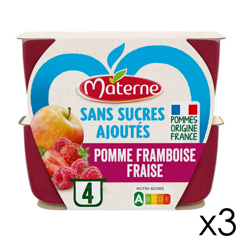 12 Compotes Coupelles Sans Sucres Ajoutés Pomme Framboise Fraise - 12x100g-0