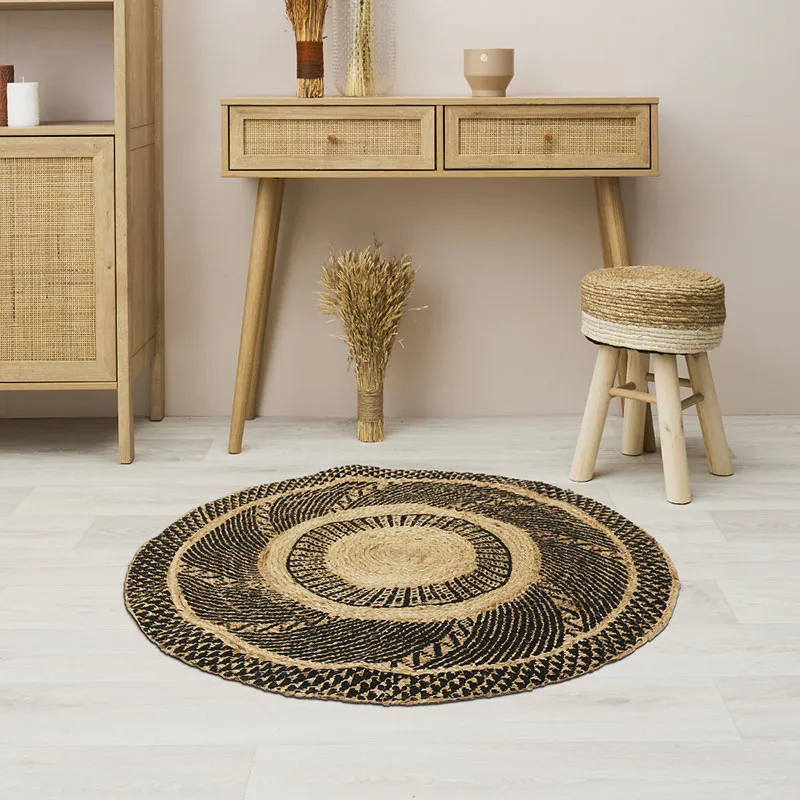 Tapis rond Jute Coton Noir Beige - ø90cm-0