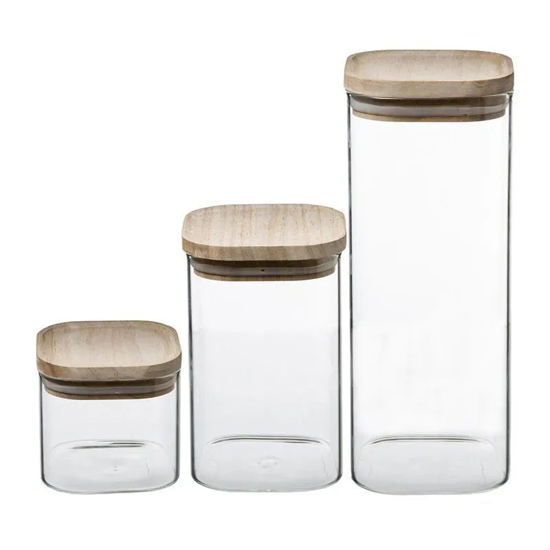 3 Bocaux en verre empilables + couv. Bois - 50cl/1L/1,8L-0
