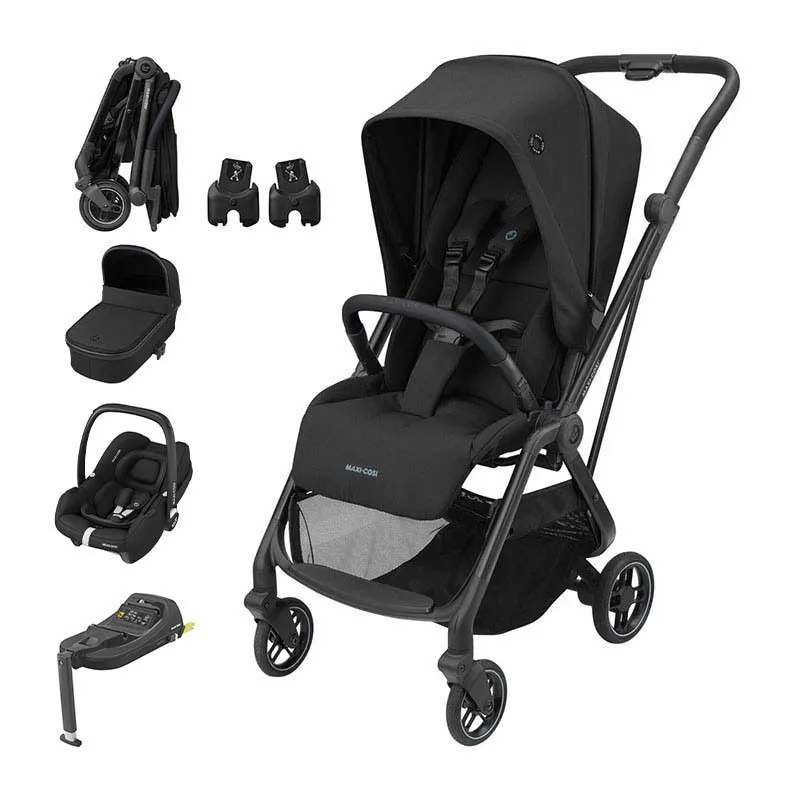 Trio Poussette Compacte Leona + Cosi Cabriofix + Nacelle Oria + Base Isofix + Adaptateurs Noir - 0m+-0