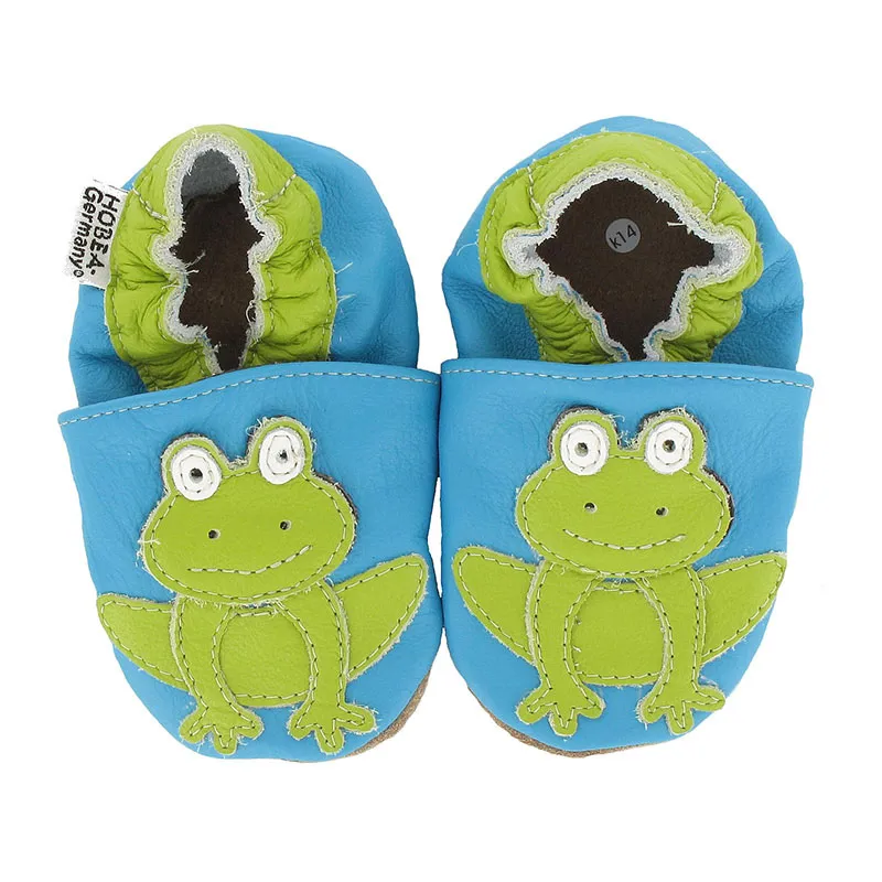 Chaussons cuir Grenouille - Bleu/Vert-0