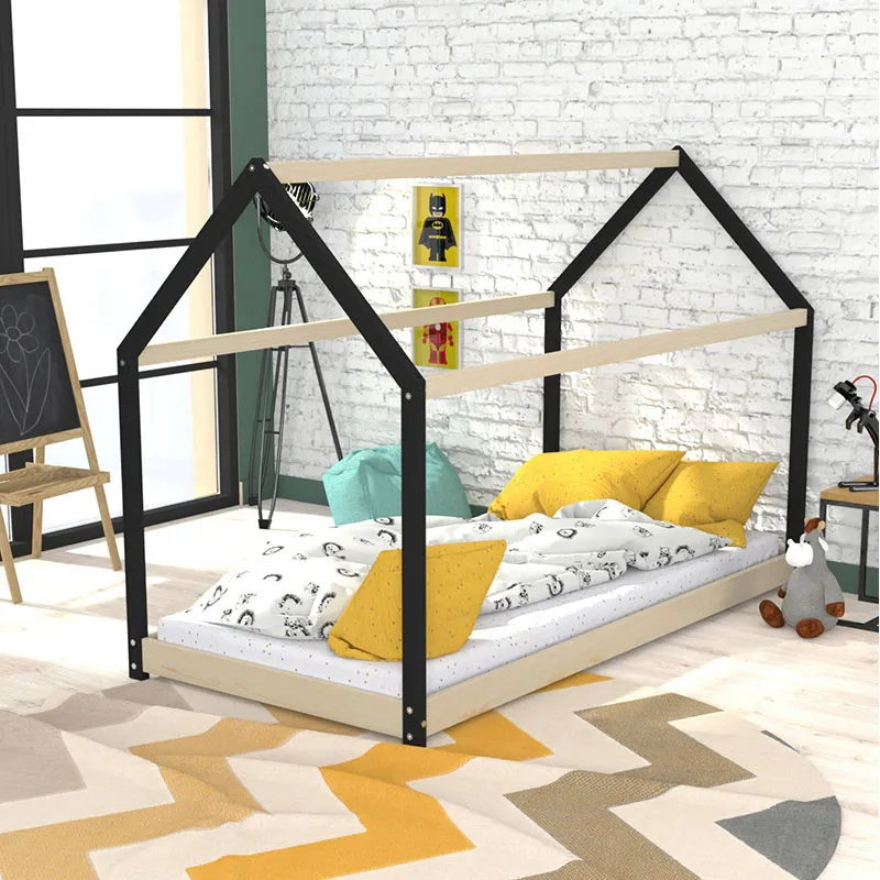 Lit cabane + Sommier Panda Brut/Noir - 90x190cm-0