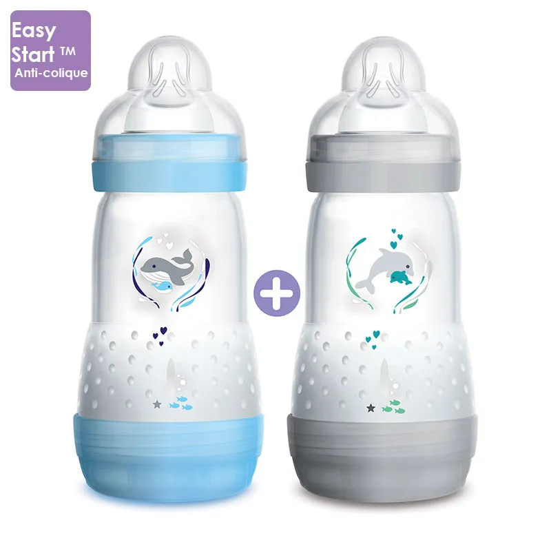 2 Biberons Easy Start anti-colique 260ml + Tétine 2 - Bleu/Gris - MAM-0