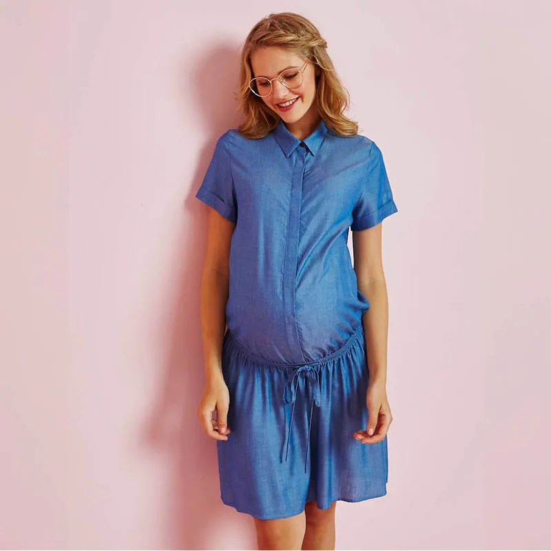 Robe courte de grossesse tencel - Bleu-0