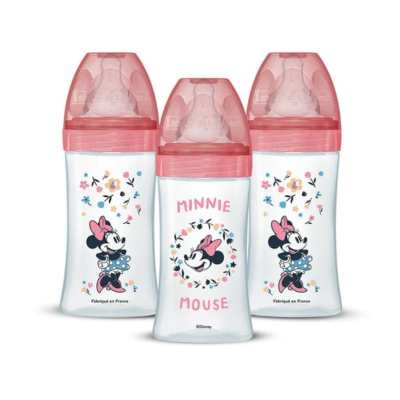 Coffret 3 Bibs anti-coliq. Tétines rondes 270ml déb.2 Minnie Rose - 0m+-0