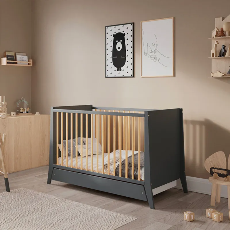 Lit Bébé évolutif + tiroir Timeo Gris/Bois - 60x120cm-0