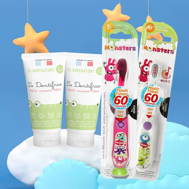 Brosse à dents minuteur muscial + Brosse à dents lumineuse + 2 Dentifrices bébé - 3+-0
