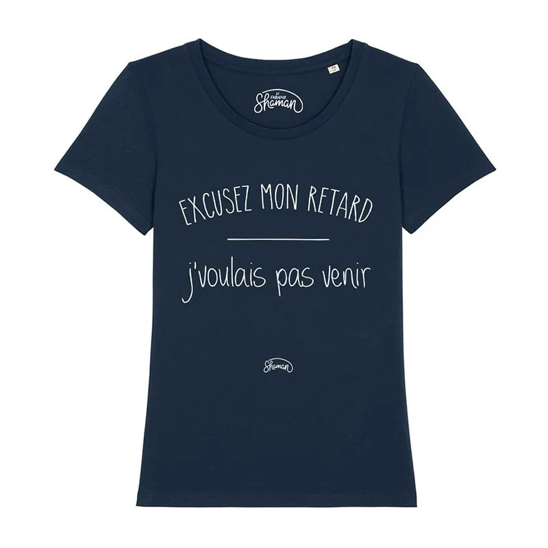 T-shirt Femme Excusez mon retard j'voulais pas venir BIO - Marine-0