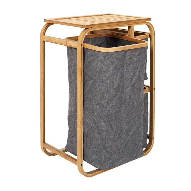Panier à linge 3 compartiments Bambou/Gris - 33x69,5x49cm-4