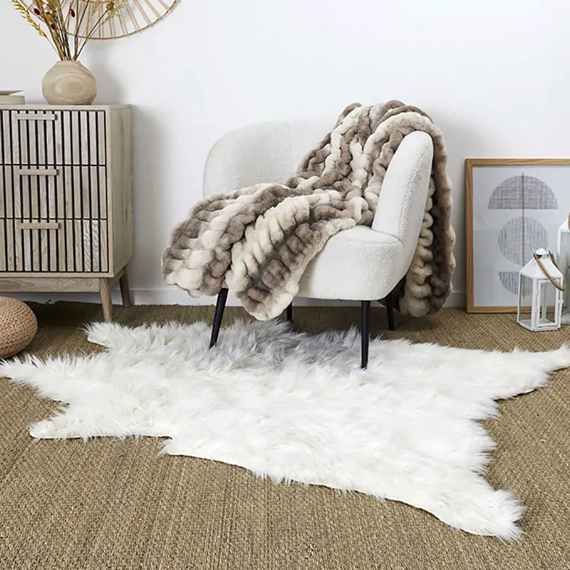 Tapis Peau de Bête imit. Fourrure Blanc - 120x158cm-1
