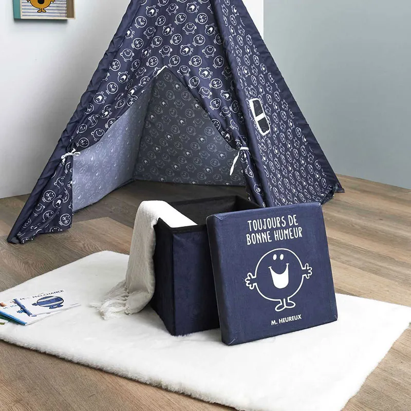 Coffre pouf pliable Monsieur Heureux Bleu - 30x30cm-1