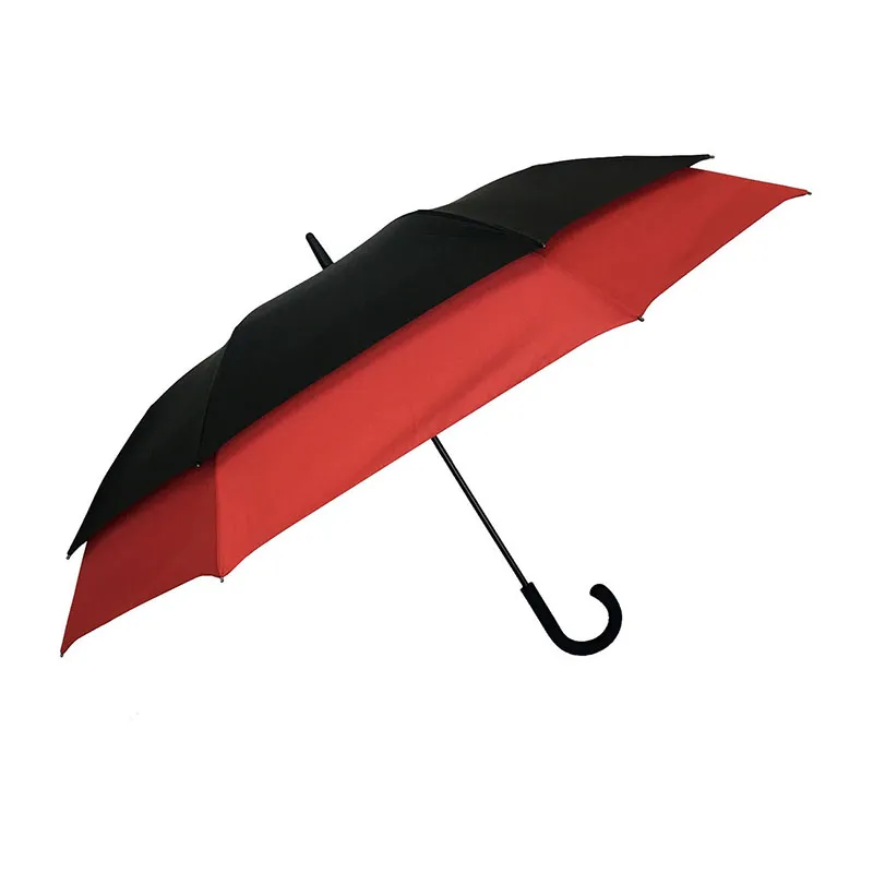 Grand parapluie long résistant au vent D.128cm - Noir/Rouge-0