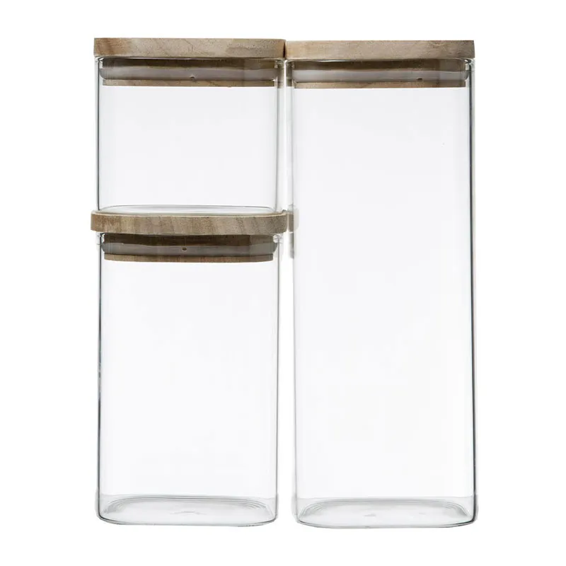3 Bocaux en verre empilables + couv. Bois - 50cl/1L/1,8L-1