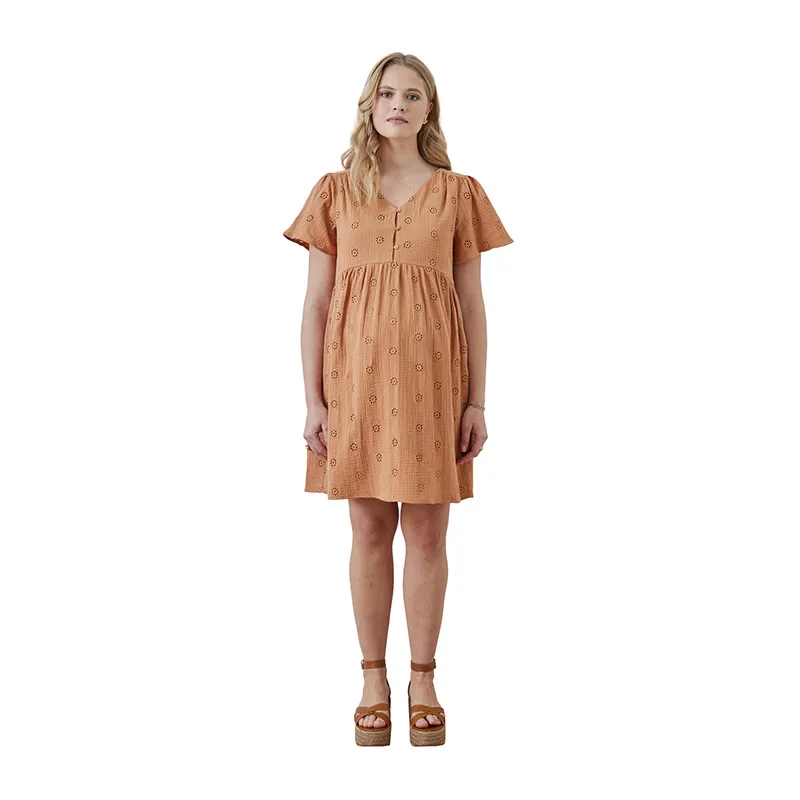 Robe de grossesse gaze brodée - Orange-3