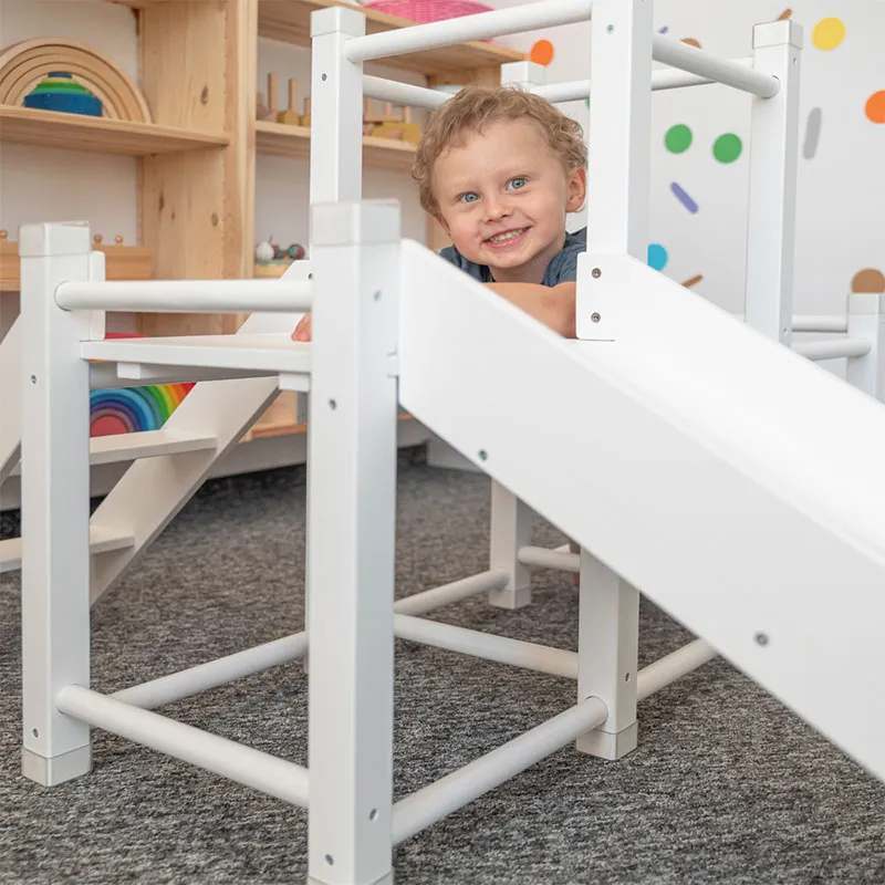 Aire de jeux Bois + Toboggan + Cadre d'escalade Blanc - 156x105cm-3