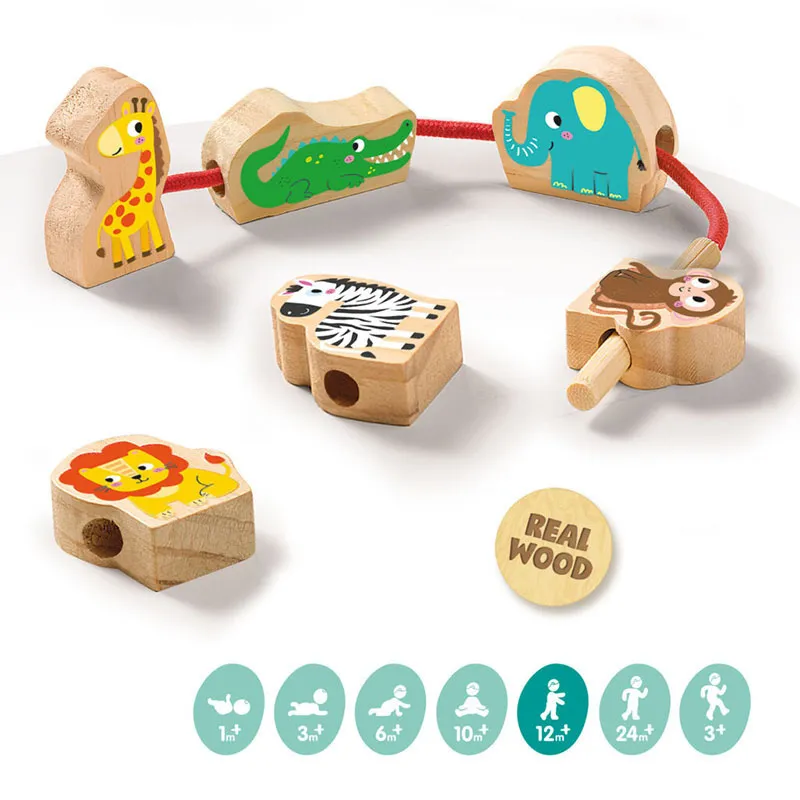 Perles à lacer en bois Animaux 7pcs - 12m+-3