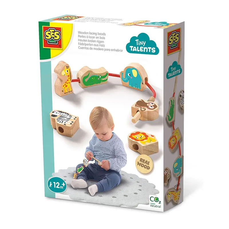 Perles à lacer en bois Animaux 7pcs - 12m+-0