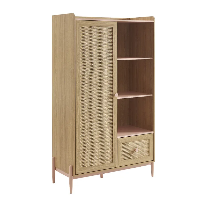 Armoire Pablo rose & cannage rotin 1 porte - 100x47x170cm-1