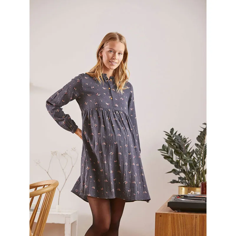 Robe de grossesse/allait Gaze de Coton Fleurs - Gris-5