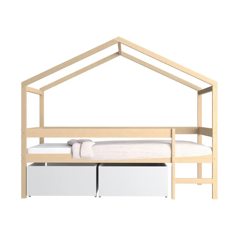 Lit cabane + Sommier + 2 tiroirs Mika Naturel-1