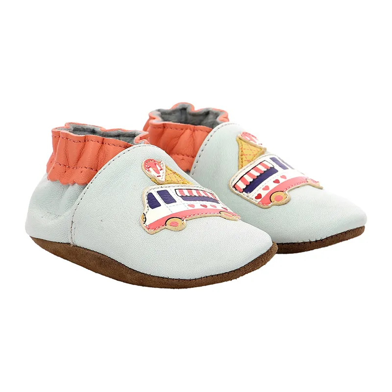 Chaussons cuir Soft Soles Camion de glace - Bleu ciel-0