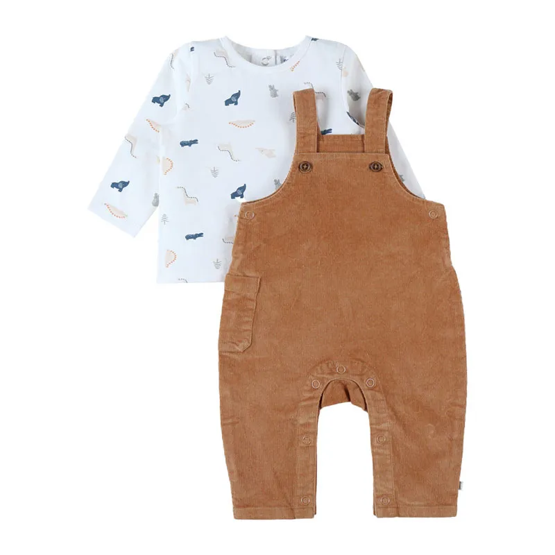 Salopette + T-shirt ML Dinos - Marron/Blanc-1