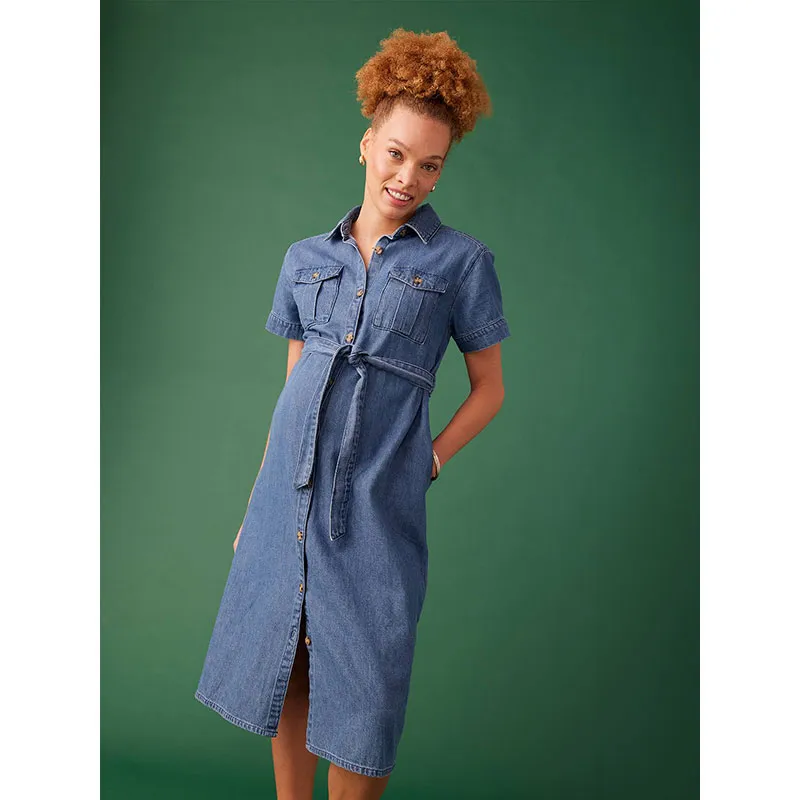 Robe de grossesse denim ceinturee - Bleu-1