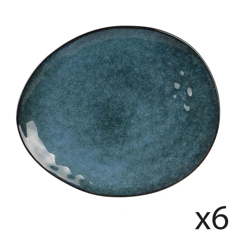 6 Assiettes galet Au grès du temps Bleu - 27,5x23cm-0