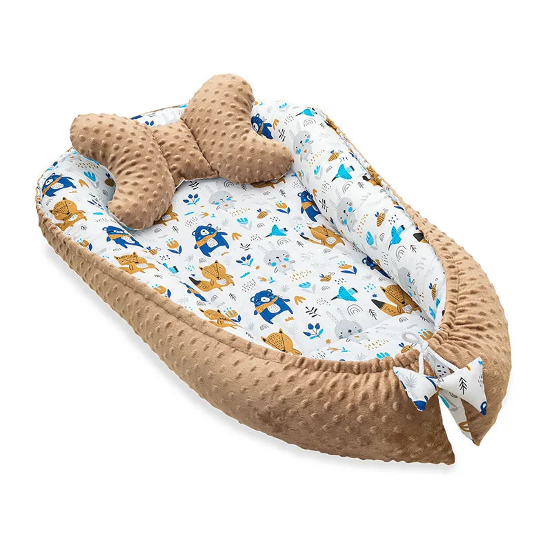 Cocon cale-bébé + coussin Animaux bleu/beige - 90x50cm-0