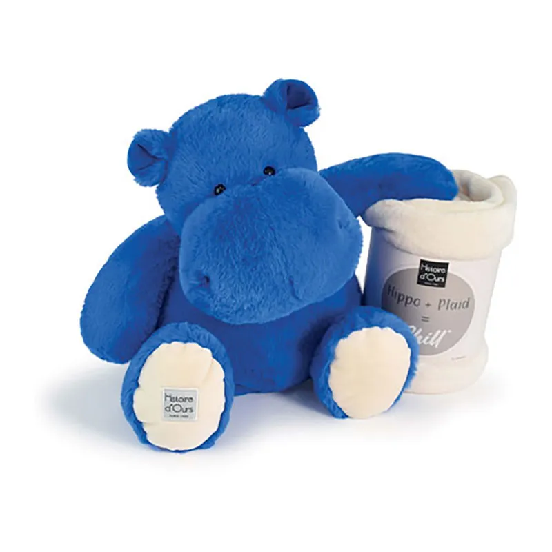 Peluche XL + Plaid Hippo Bleu Royal - 45cm-0