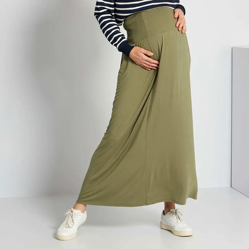 Jupe longue de grossesse à smocks Kiabi - Kaki-0