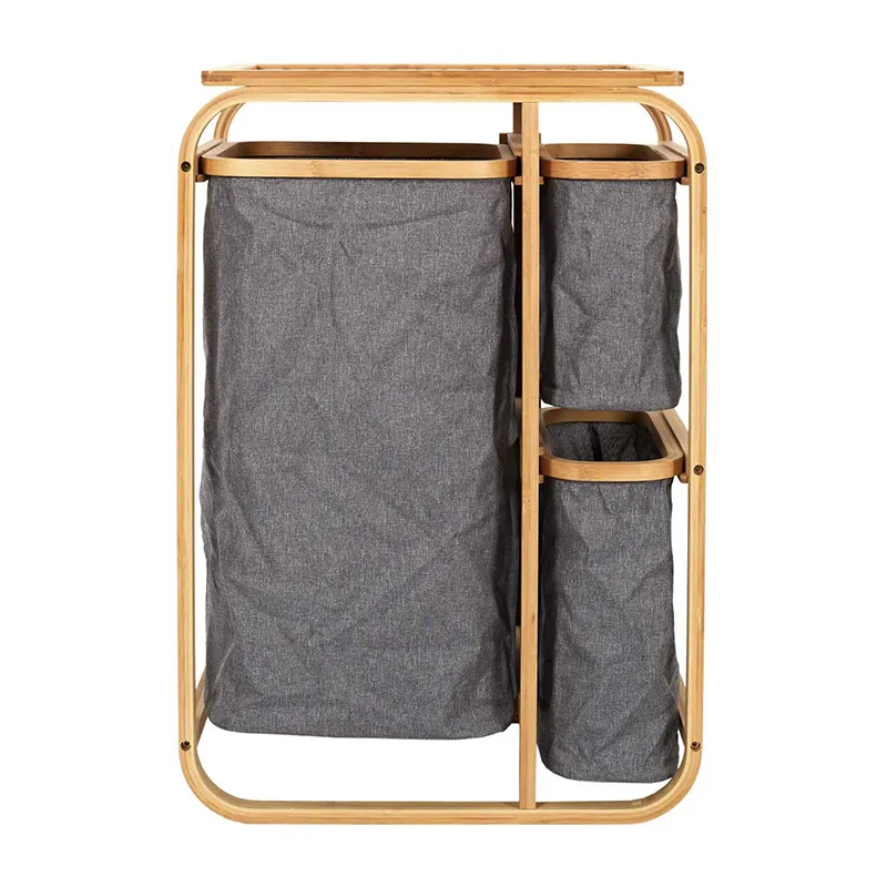 Panier à linge 3 compartiments Bambou/Gris - 33x69,5x49cm-2