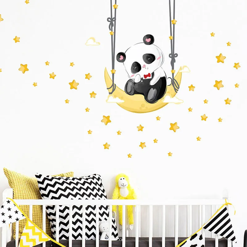 Stickers - Panda balançoire sur la lune + 130 étoiles-2