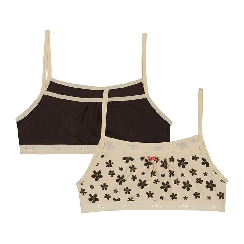2 Brassières Coton Les Pockets Fleurs Fille - Beige/Noir-0