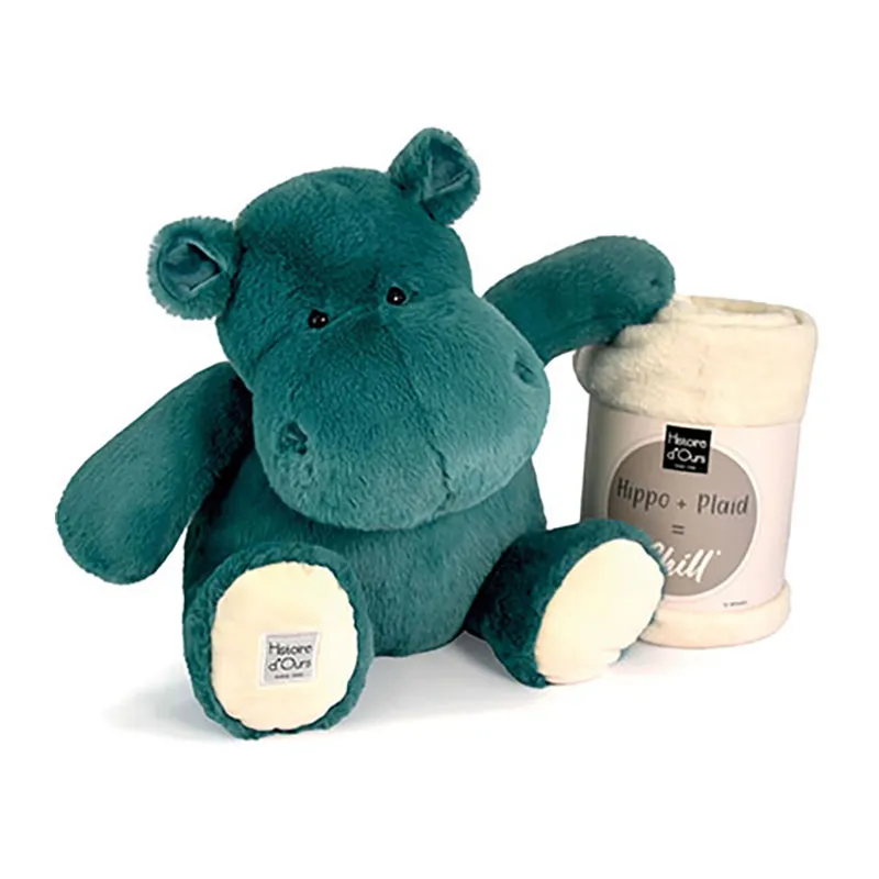 Peluche XL + Plaid Hippo Bleu Canard - 45cm-0