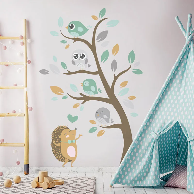 Stickers - Hérisson & Oiseaux Vert/Gris-2