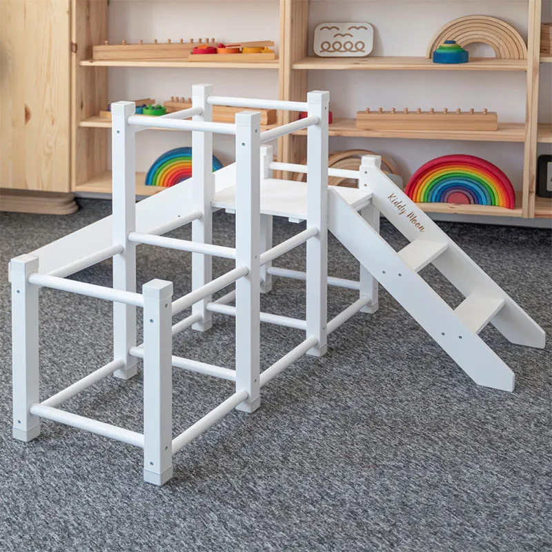 Aire de jeux Bois + Toboggan + Cadre d'escalade Blanc - 156x105cm-2